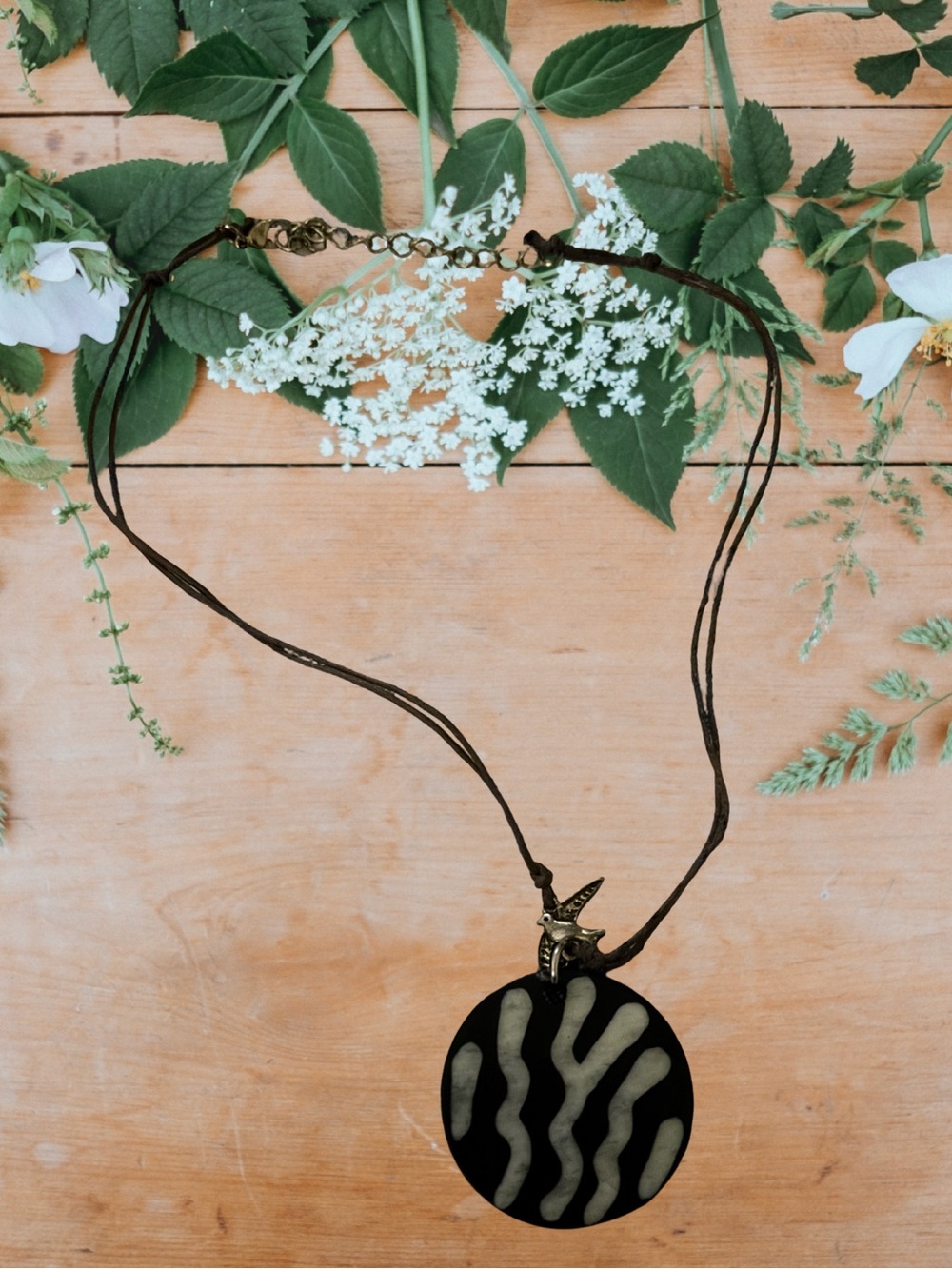 Boho Black & Ivory Round Pendant Necklace